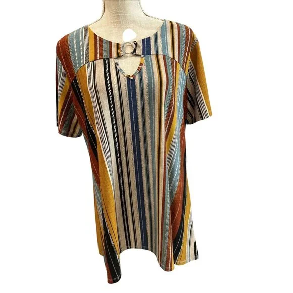 Ellen Weaver Striped Short-Sleeve Top With Keyhole & Ring Detail XL - Picture 1 of 7